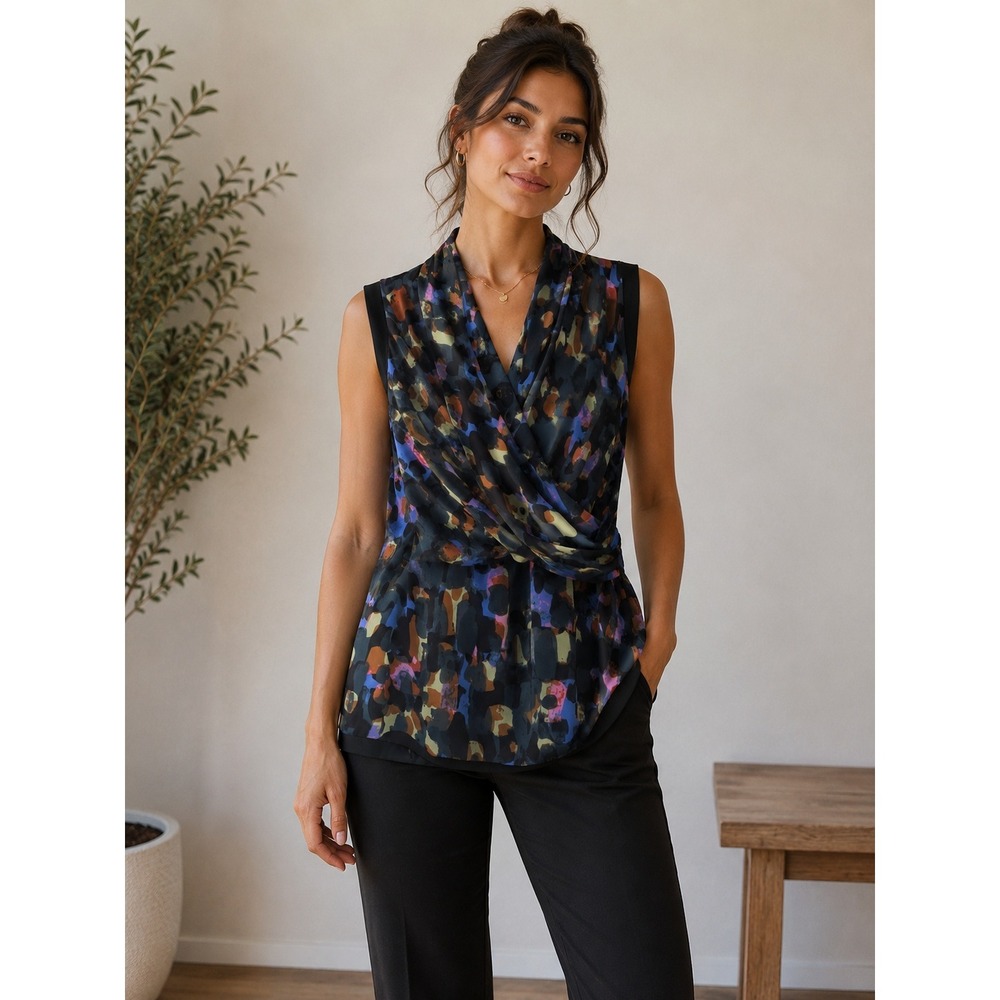 CABI Draped Surplice Blouse Abstract Print‎ Sleeveless Women S Multicolor